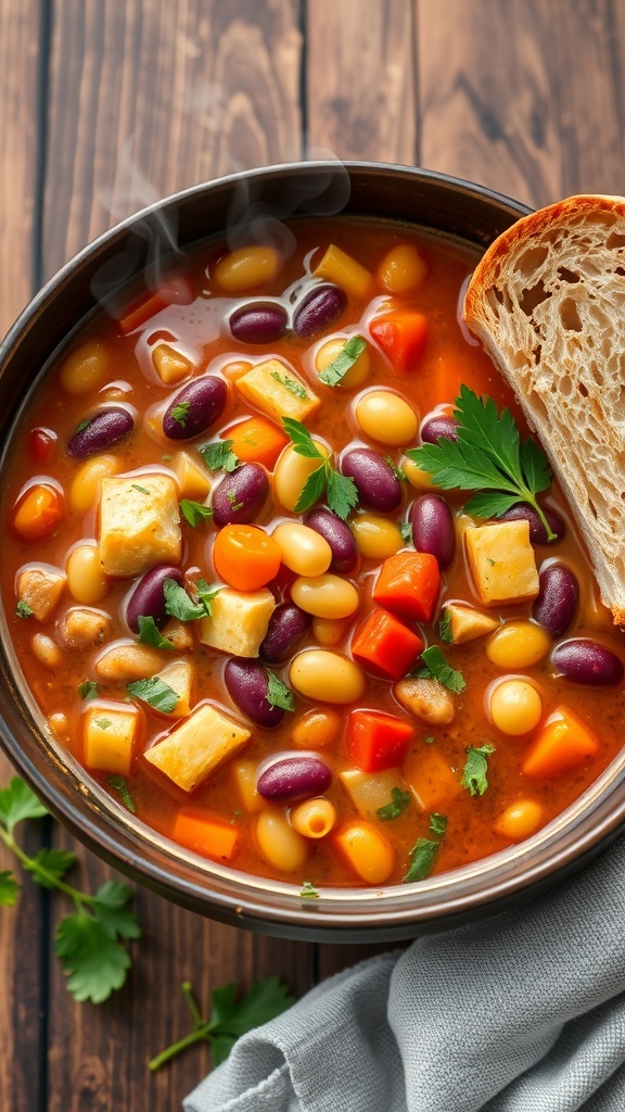 A hearty bowl of 15 bean soup with mixed beans and vegetables, garnished with herbs, on a rustic table with bread.